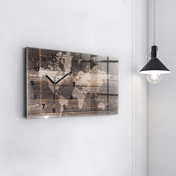 Horloge murale horizontale Carte du monde sur bois