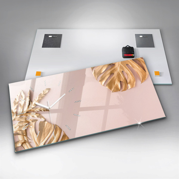 Horloge rectangulaire horizontale Feuilles tropicales dorées