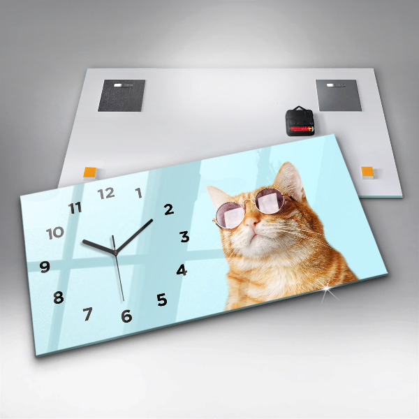 Horloge murale horizontale Chat drôle avec des lunettes