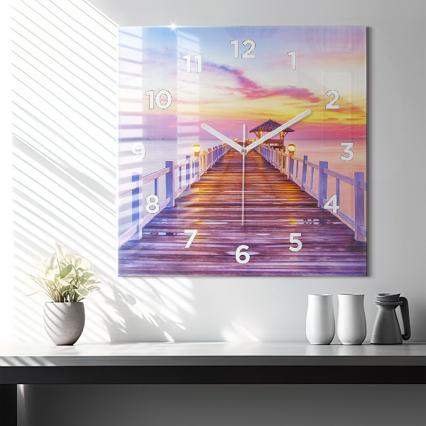 Horloge murale carrée Le pont du port le soir