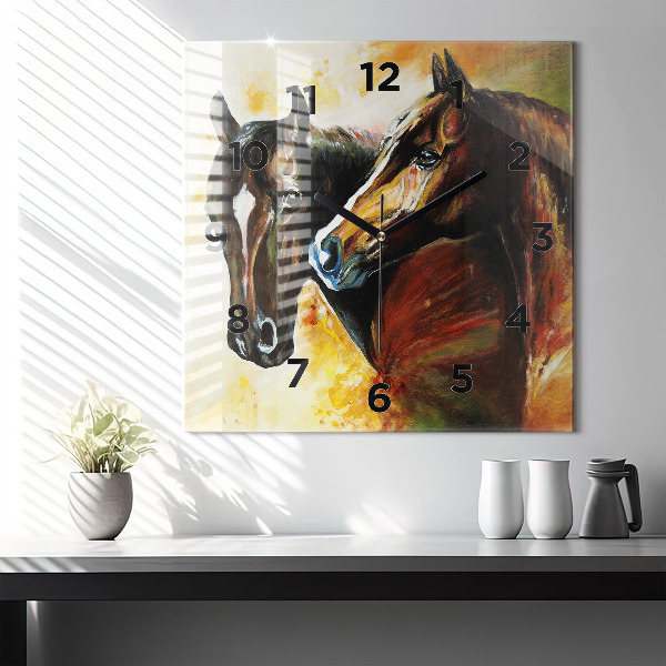Horloge murale carrée Deux chevaux peints