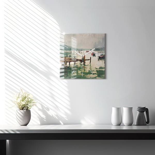 Pendule carrée en verre Bateaux de pêche dans le port