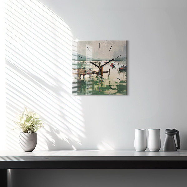 Pendule carrée en verre Bateaux de pêche dans le port