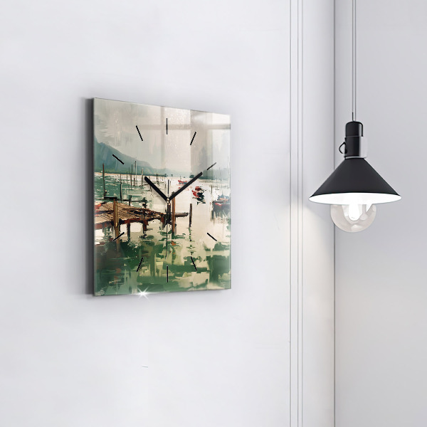 Pendule carrée en verre Bateaux de pêche dans le port