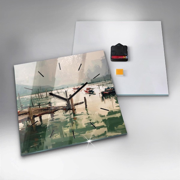 Pendule carrée en verre Bateaux de pêche dans le port