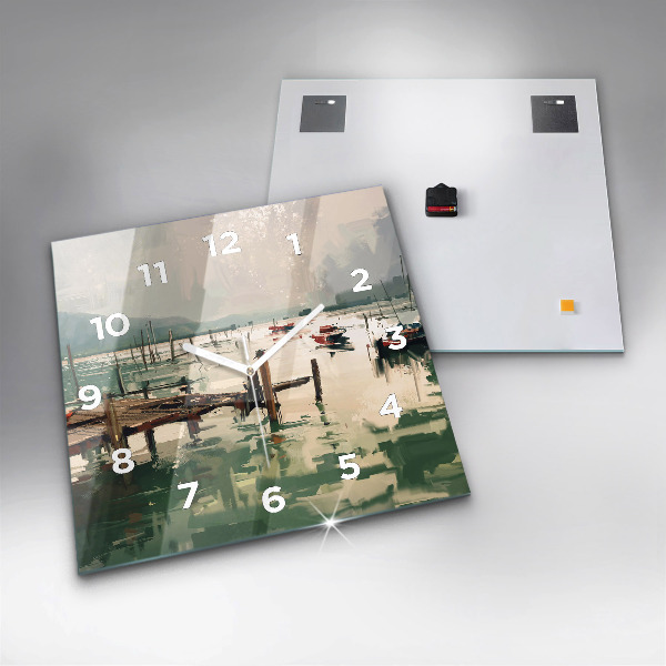Pendule carrée en verre Bateaux de pêche dans le port