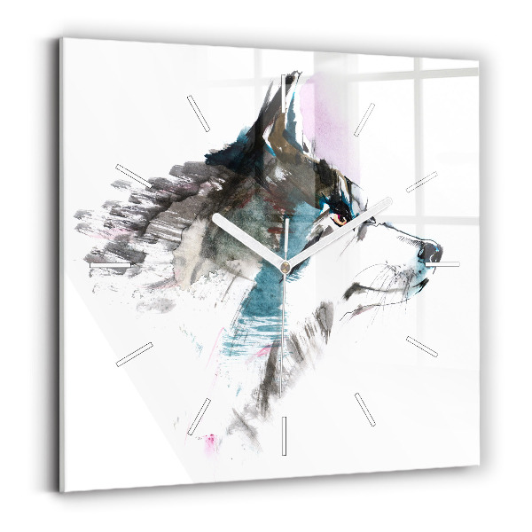 Horloge carrée en verre Profil de loup peint