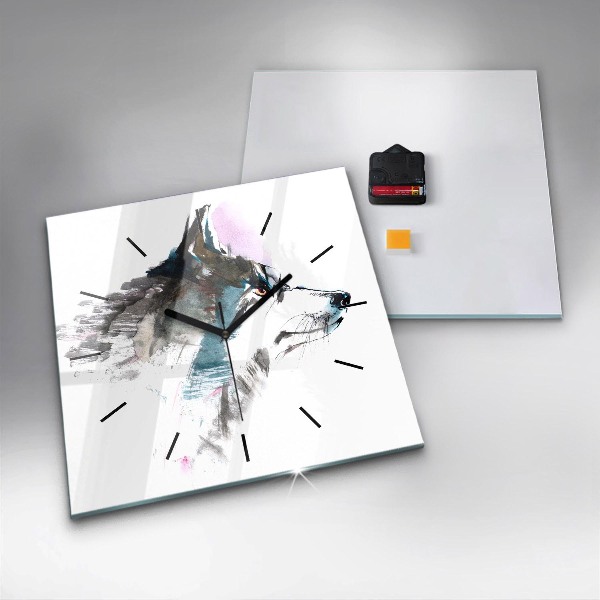 Horloge carrée en verre Profil de loup peint