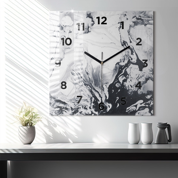 Horloge carrée en verre 'Marbre à l''encre abstrait'
