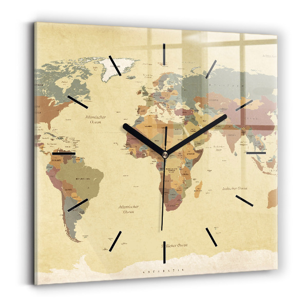 Horloge carrée en verre Carte du monde vintage