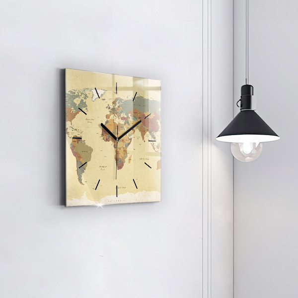 Horloge carrée en verre Carte du monde vintage