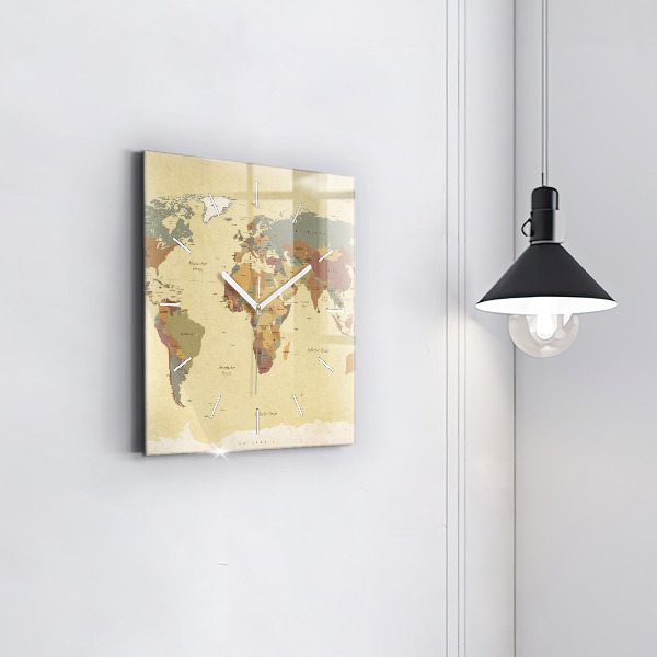 Horloge carrée en verre Carte du monde vintage