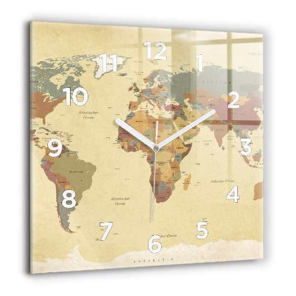 Horloge carrée en verre Carte du monde vintage