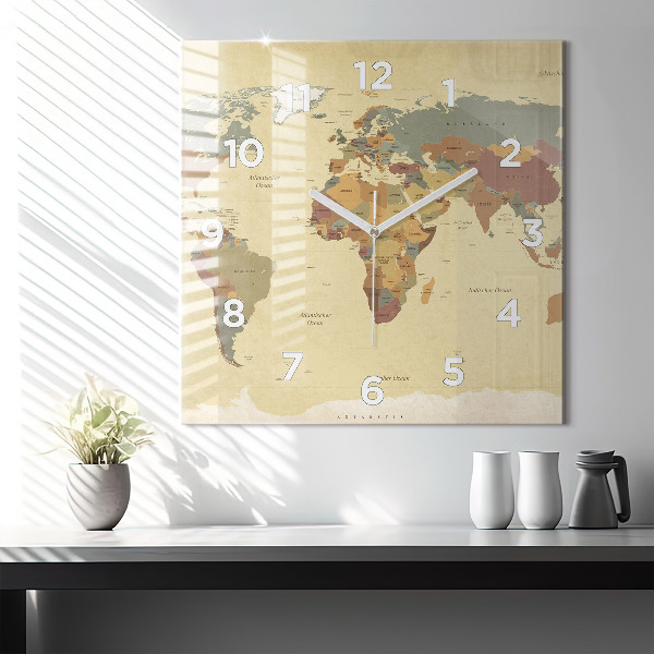 Horloge carrée en verre Carte du monde vintage