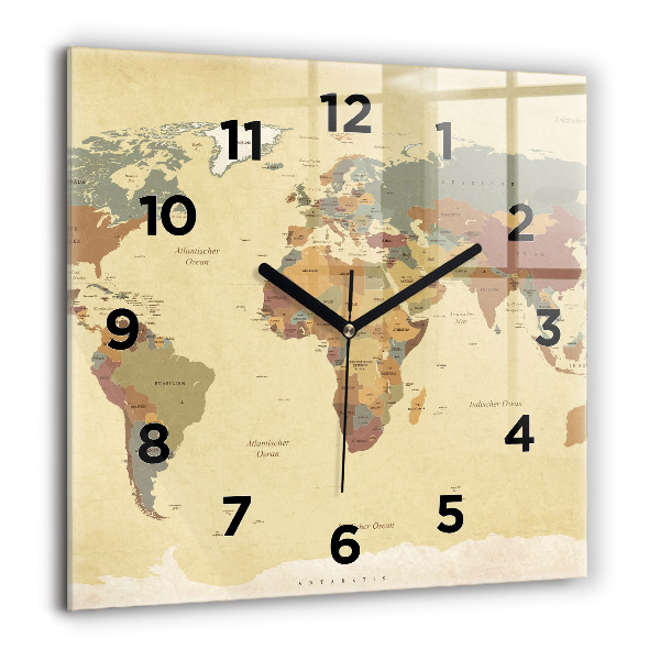 Horloge carrée en verre Carte du monde vintage