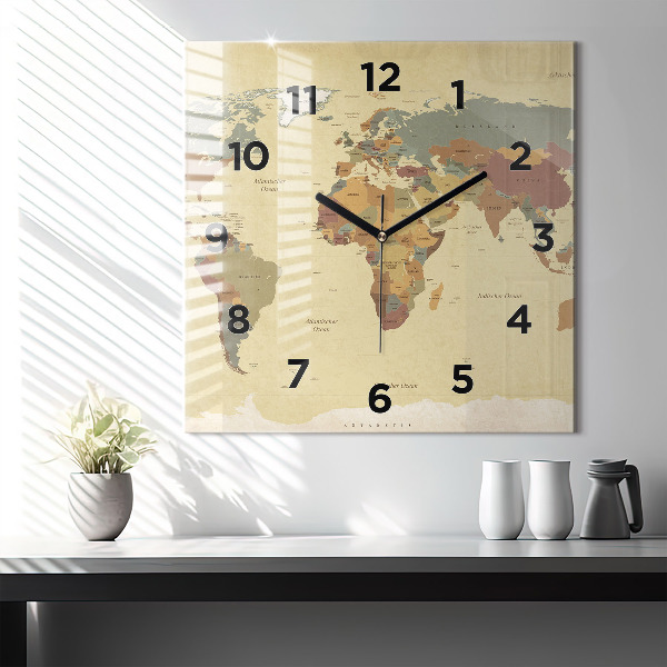 Horloge carrée en verre Carte du monde vintage