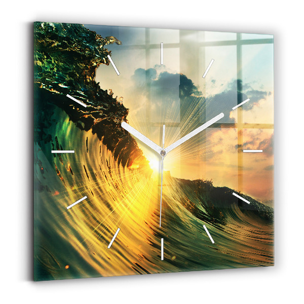 Horloge carrée en verre Perspective du coucher de soleil sur les vagues