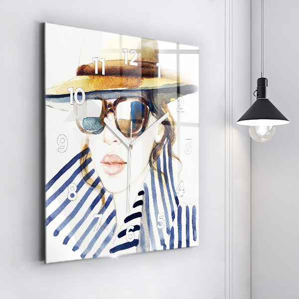 Horloge carrée en verre Visage avec lunettes et chapeau