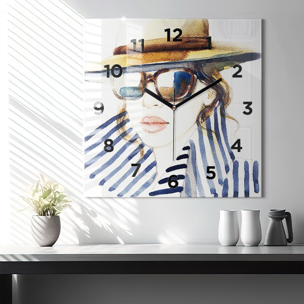 Horloge carrée en verre Visage avec lunettes et chapeau