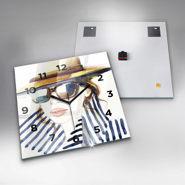 Horloge carrée en verre Visage avec lunettes et chapeau