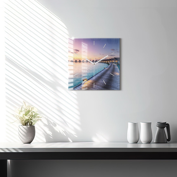 Pendule carrée en verre Coucher de soleil aux Maldives