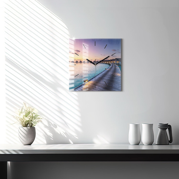 Pendule carrée en verre Coucher de soleil aux Maldives