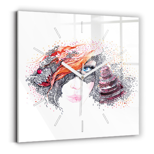Horloge murale carrée Douce femme avec un gâteau
