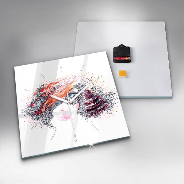 Horloge murale carrée Douce femme avec un gâteau