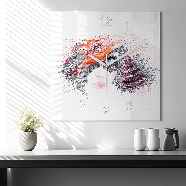 Horloge murale carrée Douce femme avec un gâteau