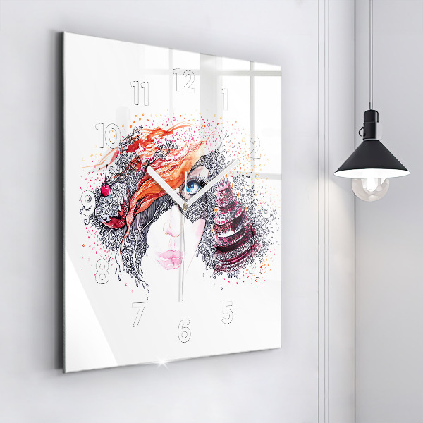 Horloge murale carrée Douce femme avec un gâteau