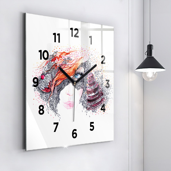 Horloge murale carrée Douce femme avec un gâteau