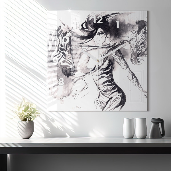 Horloge murale carrée Femme et zèbres