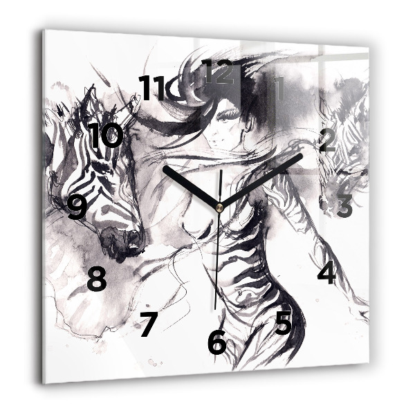 Horloge murale carrée Femme et zèbres