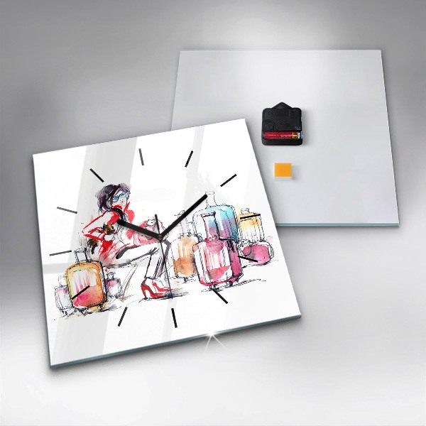 Horloge murale carrée Femme avec des valises