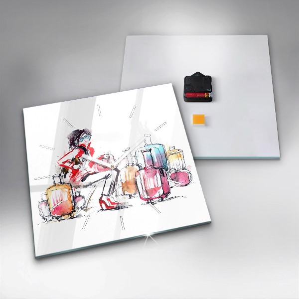 Horloge murale carrée Femme avec des valises