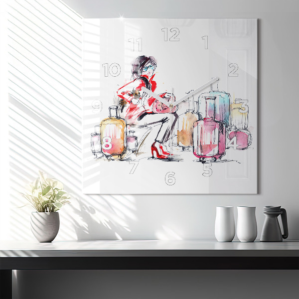 Horloge murale carrée Femme avec des valises
