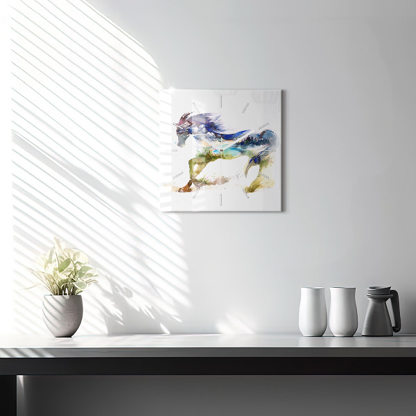 Horloge murale carrée Montagnes peintes et cheval