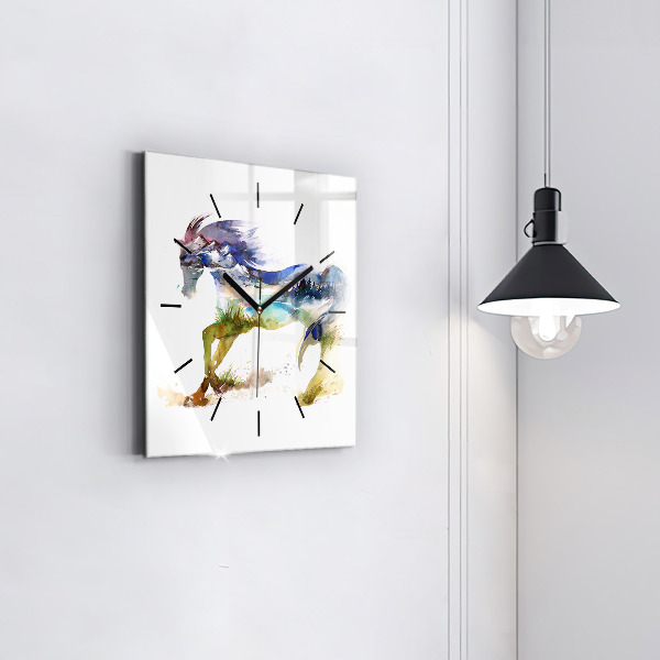 Horloge murale carrée Montagnes peintes et cheval