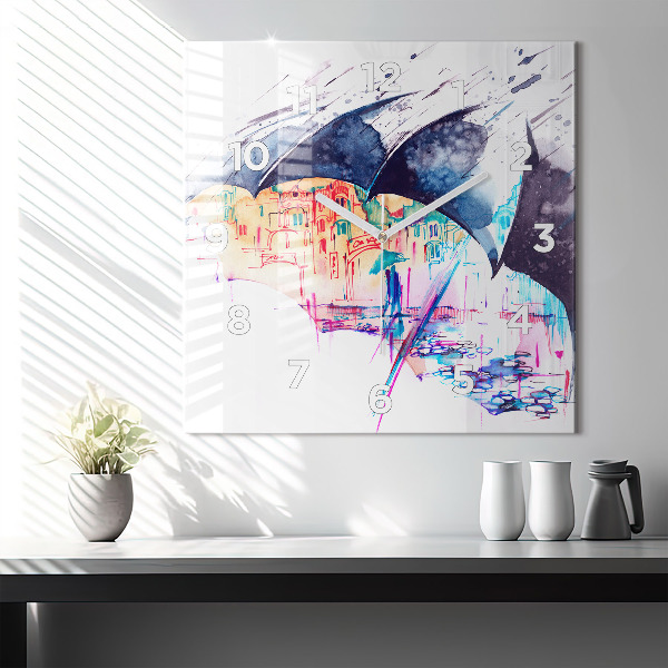 Horloge murale carrée Parapluie et ville