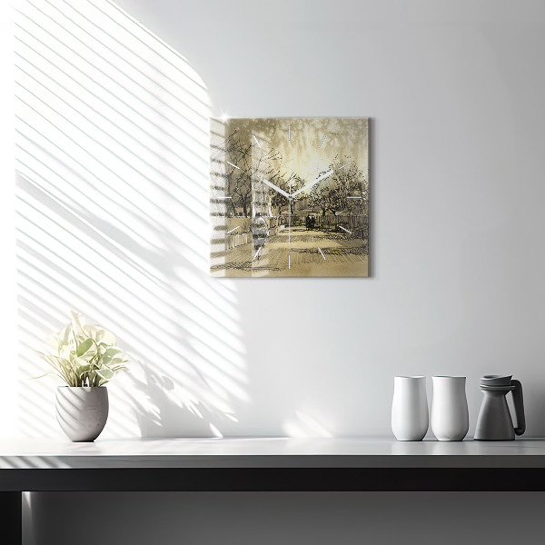 Horloge carrée en verre Parc et arbres en sépia