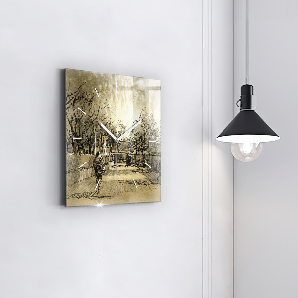 Horloge carrée en verre Parc et arbres en sépia