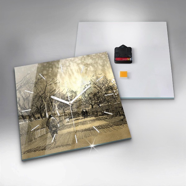 Horloge carrée en verre Parc et arbres en sépia