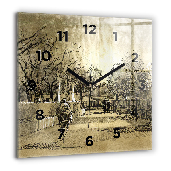 Horloge carrée en verre Parc et arbres en sépia