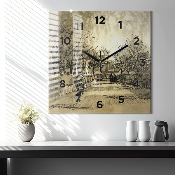 Horloge carrée en verre Parc et arbres en sépia