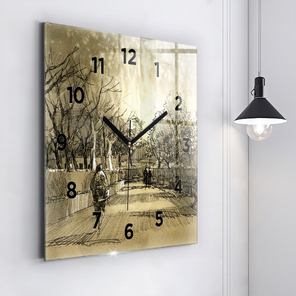 Horloge carrée en verre Parc et arbres en sépia