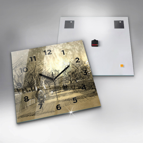 Horloge carrée en verre Parc et arbres en sépia