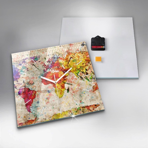 Horloge carrée en verre Carte du monde colorée