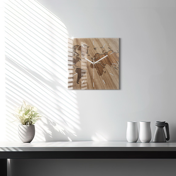 Horloge carrée en verre Carte du monde sur bois