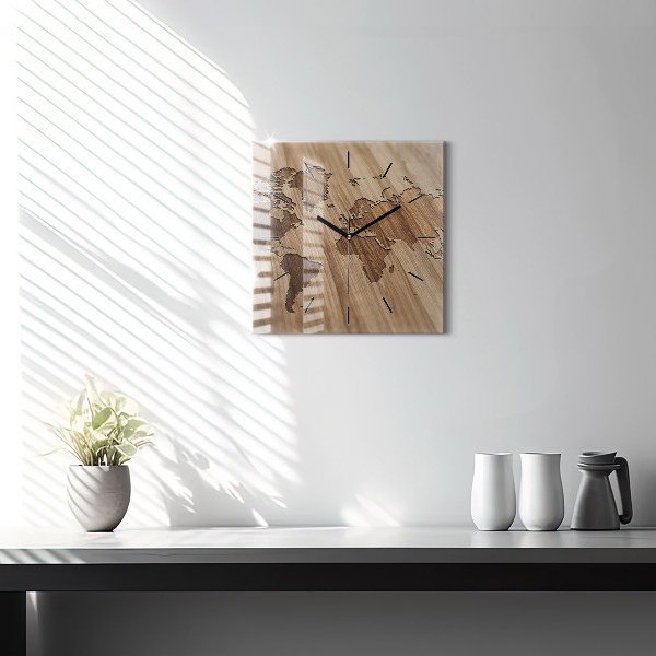 Horloge carrée en verre Carte du monde sur bois