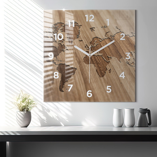 Horloge carrée en verre Carte du monde sur bois